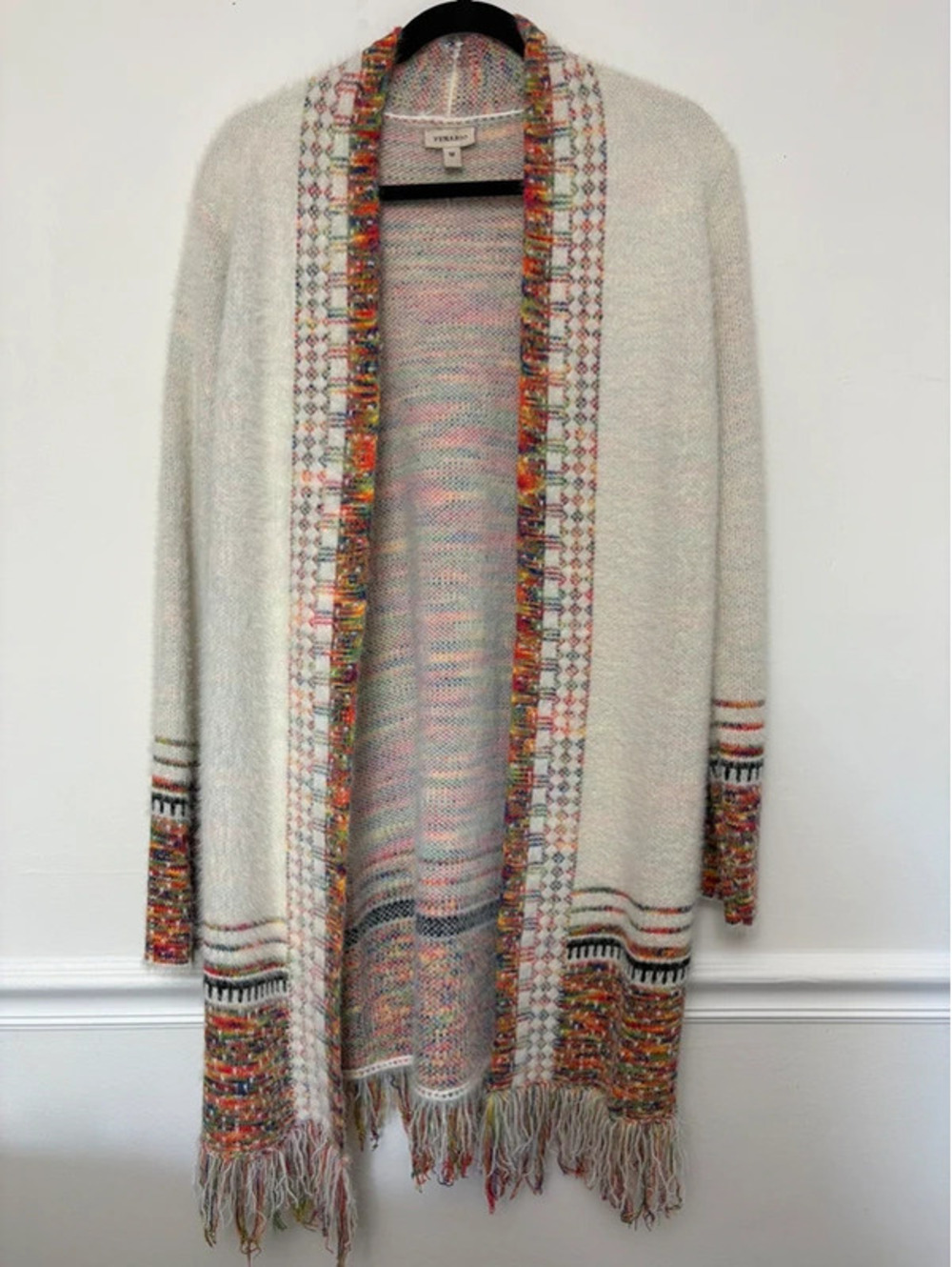 Venario Women’s Medium Fuzzy Long Cardigan Multicolor Fringe Boho Sweater
